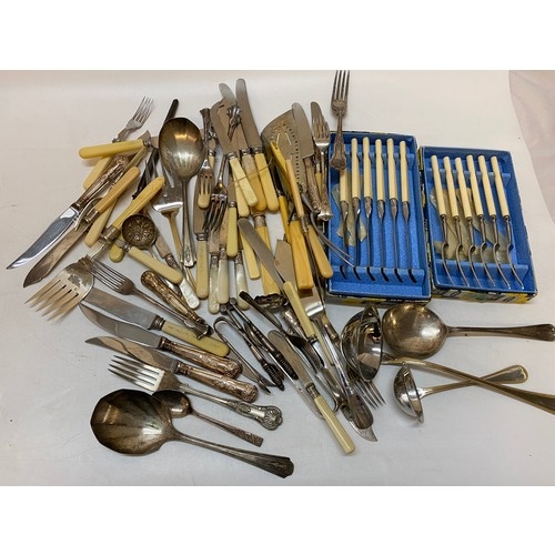 155 - A selection of flatware including fish servers, fruit knives and forks with mother of pearl handles,... 
