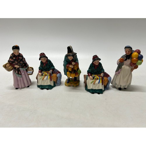 110 - Five Royal Doulton figures - The Orange Lady HN4810, Silks and Ribbons (2) HN4808, Biddy Penny Farth... 