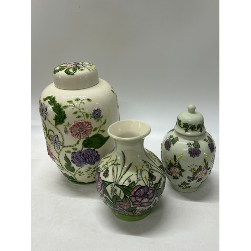 113 - Three Tupton style items comprising:- large covered vase, green ground decorated flowers - 13 1/2in.... 