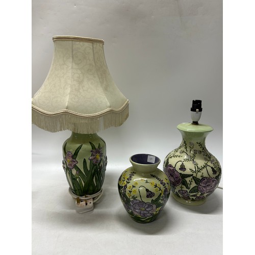 124 - Two Tupton style tablelamp bases and a similar vase, all decorated flowers in lilac - 9 1/2in. , 8in... 