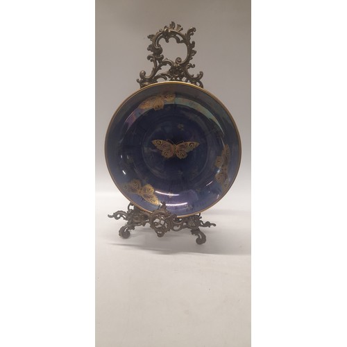 80 - A Shelley porcelain bowl, blue lustre decorated in gilt enamel with butterflies, signed to the base ... 