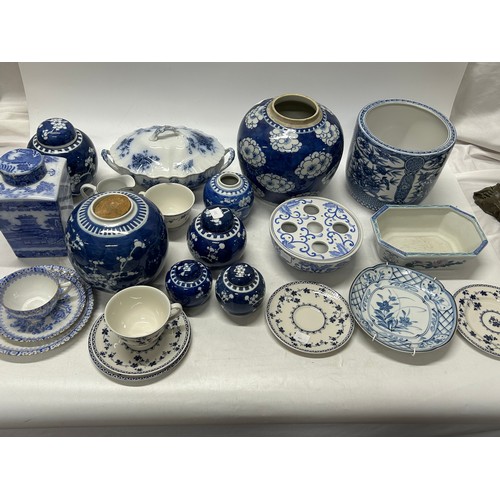 103 - A selection of blue and white china including ginger jars, Ringtons tea caddy, Royal Doulton Yorktow... 