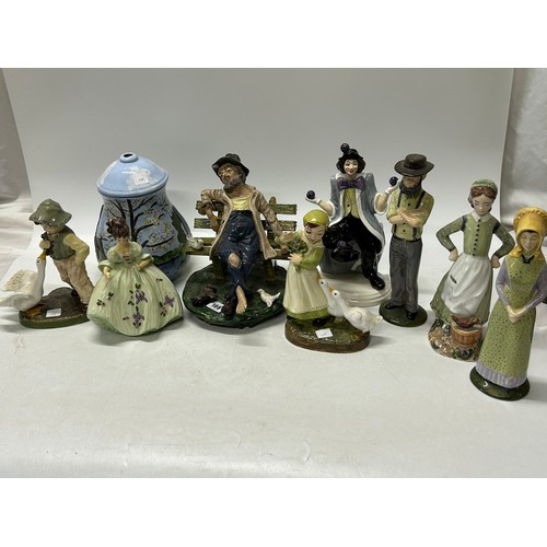 108 - A selection of decorative figures including a girl with geese, a tramp on a bench, Doulton style fig... 