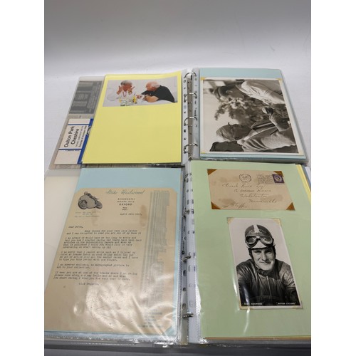 22 - A folder of coloured and black and white photographs bearing signatures comprising:- Geoff Duke, Mik... 