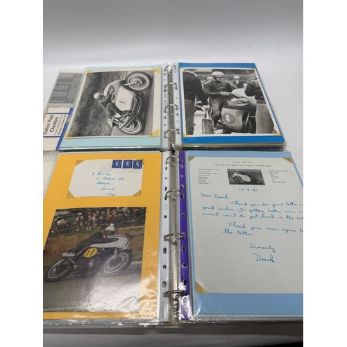 22 - A folder of coloured and black and white photographs bearing signatures comprising:- Geoff Duke, Mik... 
