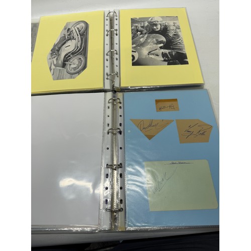 22 - A folder of coloured and black and white photographs bearing signatures comprising:- Geoff Duke, Mik... 