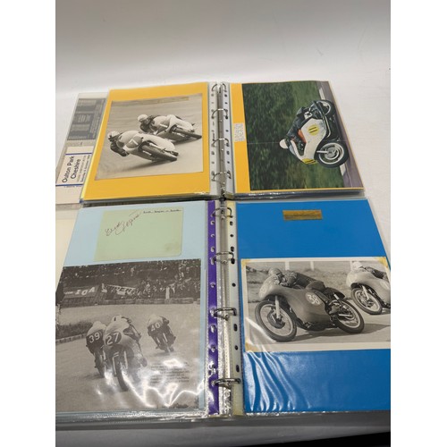 22 - A folder of coloured and black and white photographs bearing signatures comprising:- Geoff Duke, Mik... 