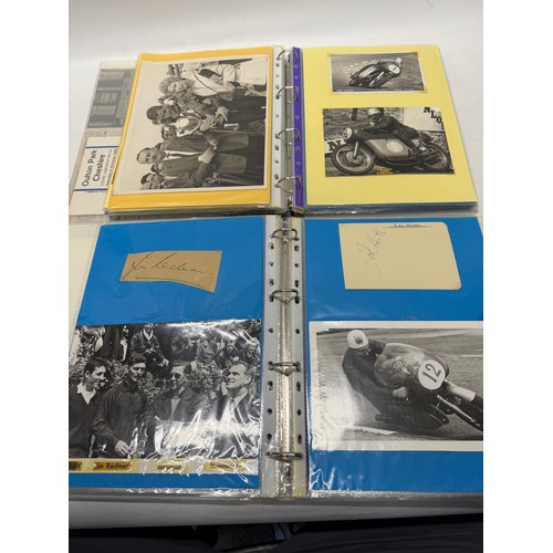22 - A folder of coloured and black and white photographs bearing signatures comprising:- Geoff Duke, Mik... 