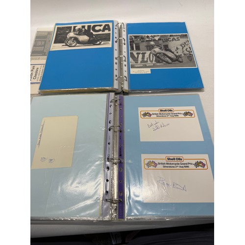 22 - A folder of coloured and black and white photographs bearing signatures comprising:- Geoff Duke, Mik... 