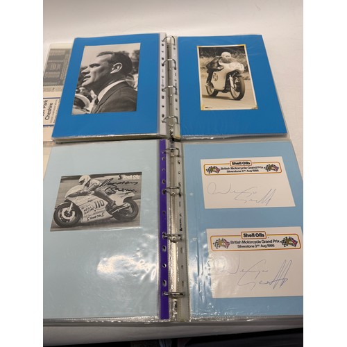 22 - A folder of coloured and black and white photographs bearing signatures comprising:- Geoff Duke, Mik... 