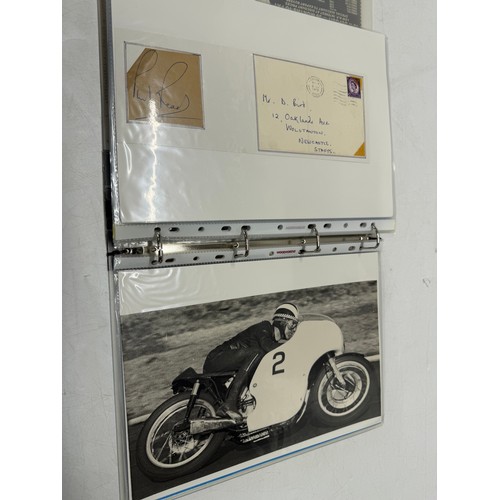 22 - A folder of coloured and black and white photographs bearing signatures comprising:- Geoff Duke, Mik... 