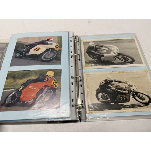22 - A folder of coloured and black and white photographs bearing signatures comprising:- Geoff Duke, Mik... 