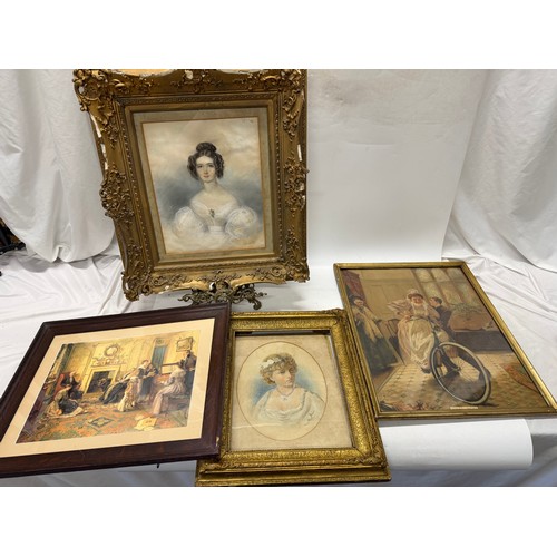 7 - A Victorian watercolour in an oval - Head and shoulders of a lady with flowers in her hair, a pearl ... 