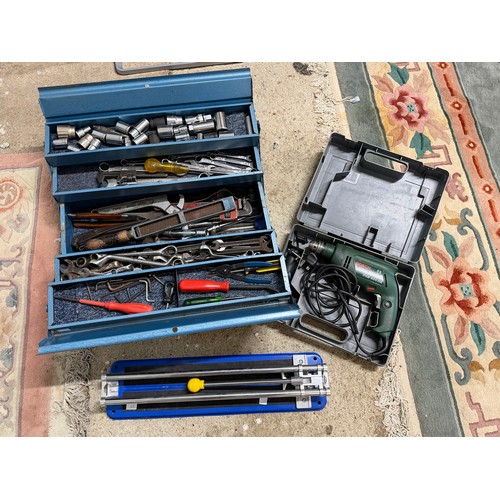 63 - A blue metal tool box, Socket set etc..