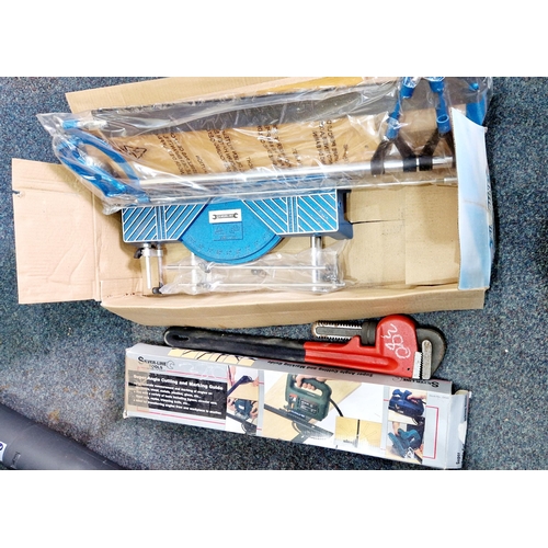 380 - Boxed Silverline precision mitre saw, Silverline cutting and marking guide and a pair of Stilsons