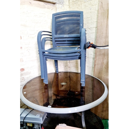 395 - Garden set comprising four metal mesh chairs and circular glass topped and metal framed table