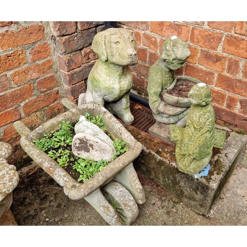 422 - Five various simulated stone garden ornaments incl. a puppy, dove, seated girl, wheelbarrow planter ... 