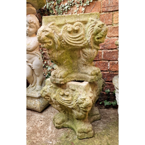 425 - Pair of simulated stone square planters with lions mask decoration and paw feet