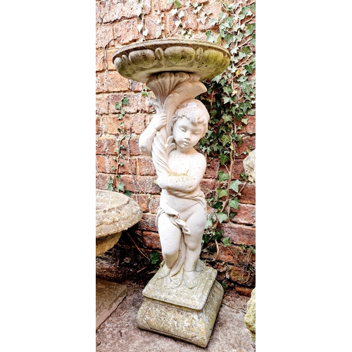 426 - Concrete cherub birdbath on plinth