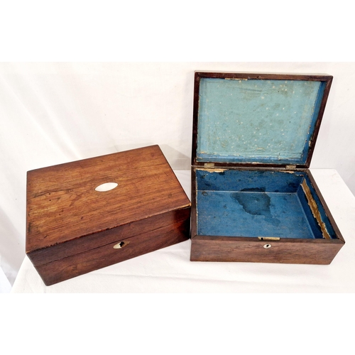 104 - Two Victorian rosewood jewellery boxes with mother of pearl cartouche, one with internal tray