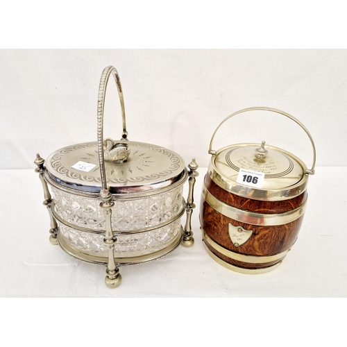 106 - Two early 20th century biscuit barrels, oak and chrome with inscription, and moulded glass in EPNS m... 