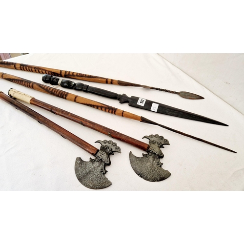 122 - Collection of African tribal items, comprising three ebonised and carved spears and two axes