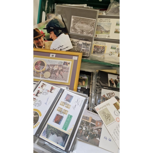 13 - Large crate of horse racing ephemera incl. postcards, commemorative covers, autographs etc