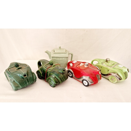 50 - Six glazed pottery spittoons and five various novelty car and other teapots