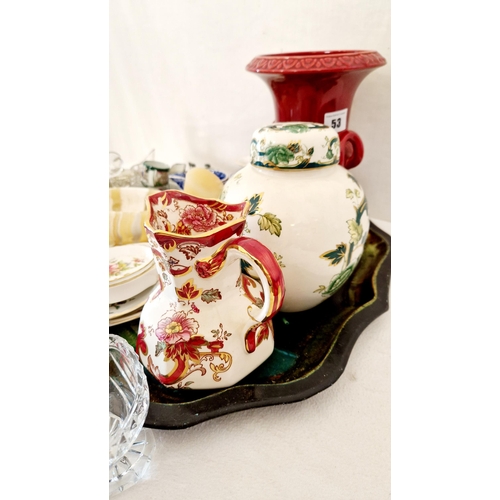 53 - Misc. ceramic and glassware incl Mason's Mandalay jug and Chartreuse covered jar; Dartmouth urn form... 