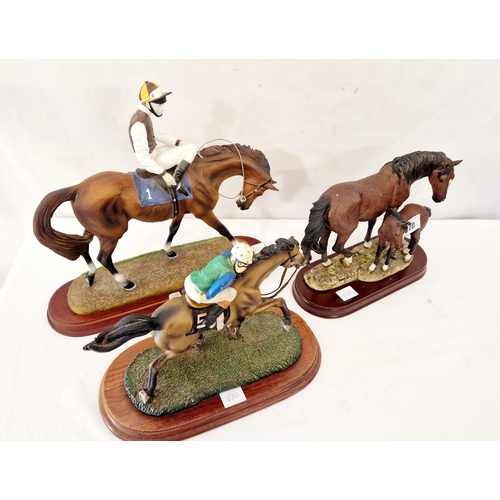 70 - Three equine ornaments all on plinths - The Racing Game 7N/201 John Skeatin; two Leonardo Collection... 