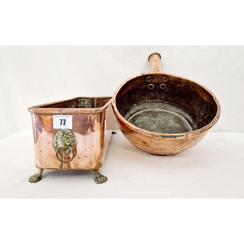 77 - Copperware comprising rectangular planter with lions mask handles and paw feet and a saucepan