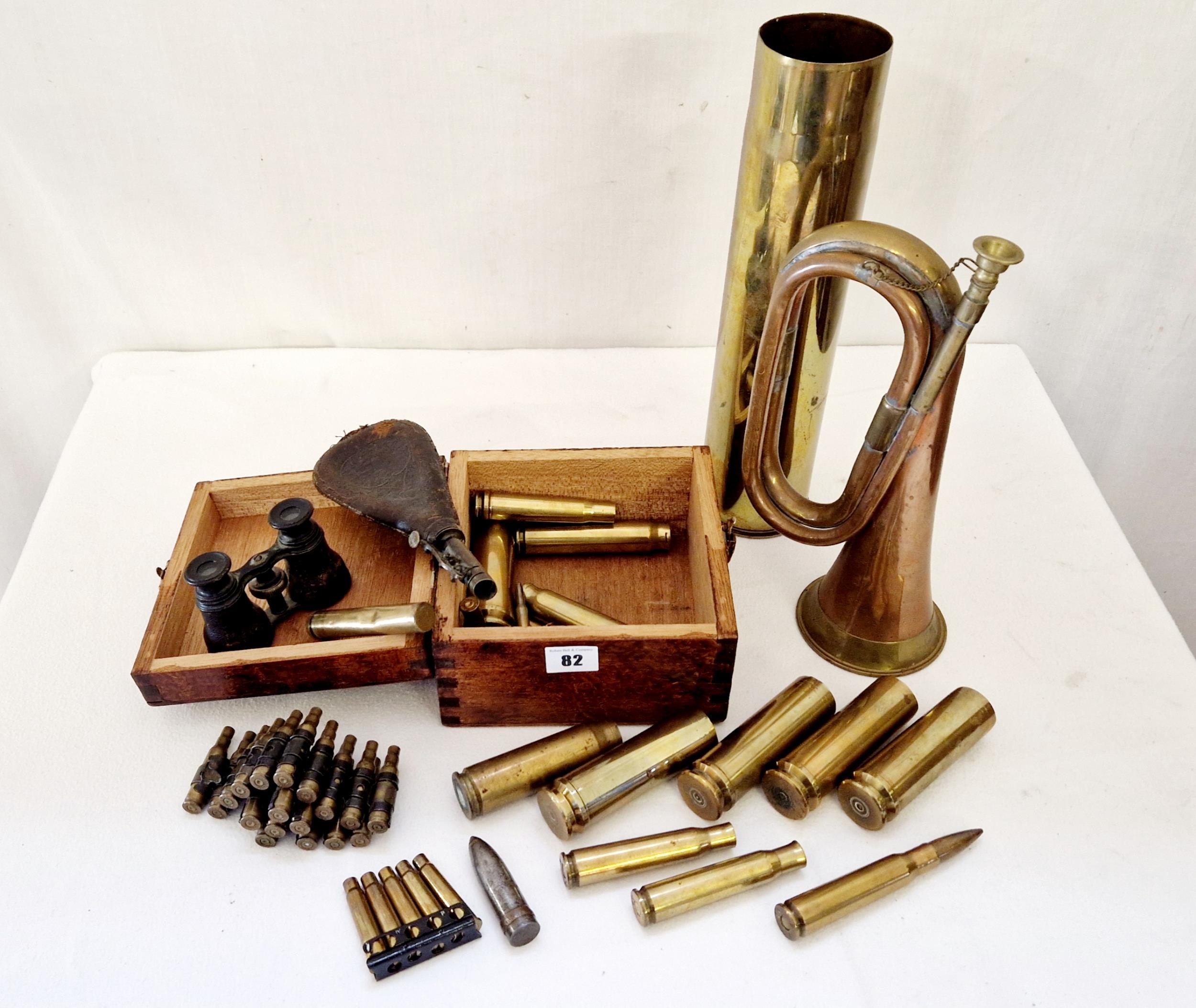 Collection of brass and other militaria comprising a quantity of shell ...