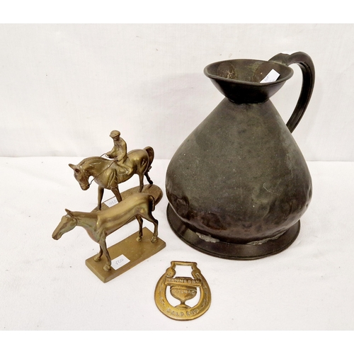 86 - 19th Century gallon copper measure, brass horse ornaments etc