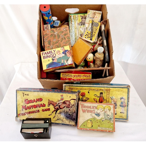 167 - Box of vintage toys and games incl. snakes and ladders, Grand National steeplechase game etc