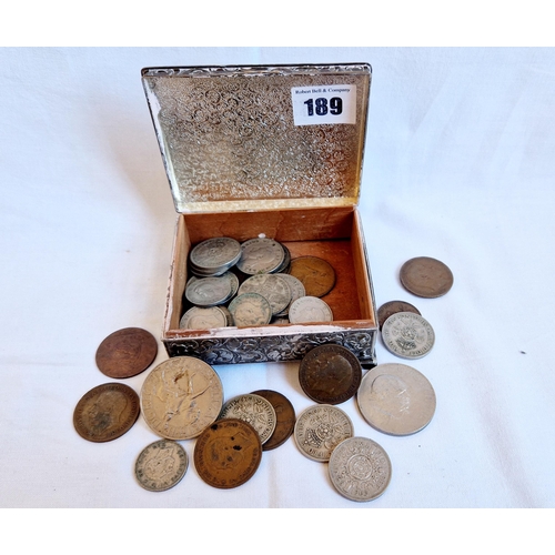 189 - Decorative EPNS box containing qty of GB pre-decimal coinage, crowns etc