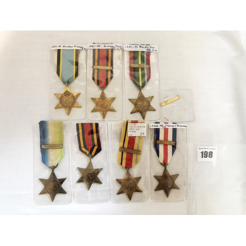 198 - Collection of seven GB WWII medals, two Burma Stars one with Pacific clasp; Pacific Star with Burma ... 