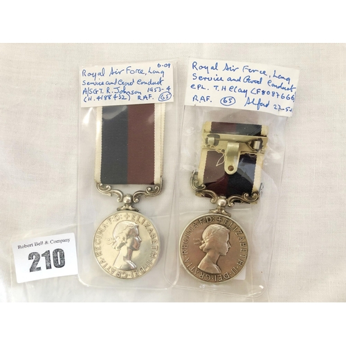 210 - Two Elizabeth II RAF Long Service and Good Conduct medals, awarded to Cpl. T.H. Clay F8087666 and Ai... 