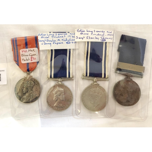 211 - Four GB police medals, comprising a Geo V Metropolitan 1911 Coronation medal awarded to P.C. W.Green... 