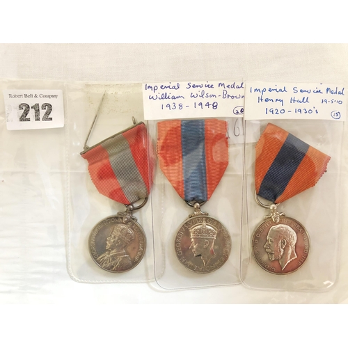 212 - Three GB Imperial Service medals, Geo V awarded to Frederick Charles Brown; Geo V awarded to Henry H... 