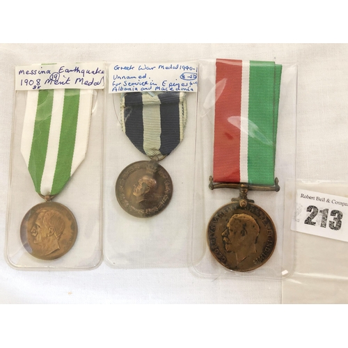 213 - Three various GB and Greek medals, Italian Messina Earthquake medal 1908; WWI Mercantile Marine War ... 