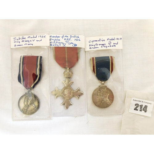 214 - Three various GB medals, George V M.B.E. Most Excellent Order of The British Empire; George V and Ma... 