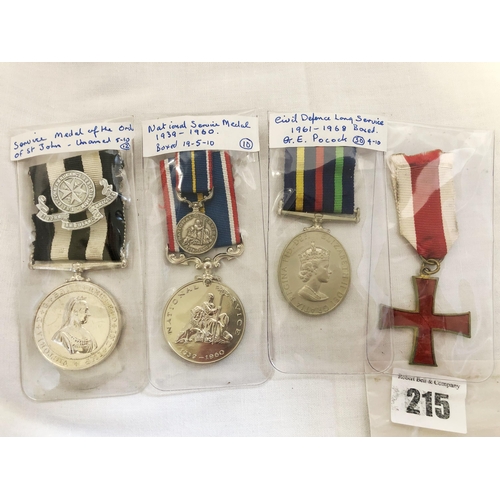 215 - Four various medals, three GB, The Service Medal of The Order of St. John; National Service medal 19... 