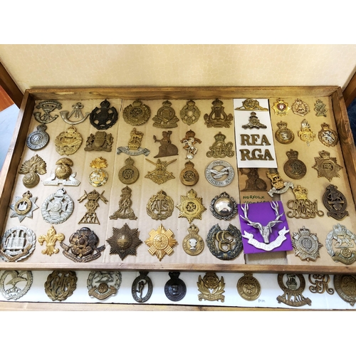 216 - Collection of c.150 British regimental and military cap and other badges in a wooden cabinet