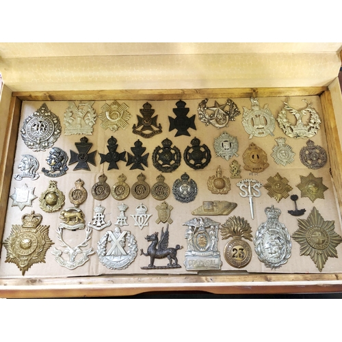 216 - Collection of c.150 British regimental and military cap and other badges in a wooden cabinet