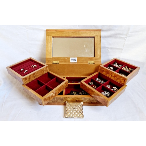 235 - Modern fitted jewellery box and qty of jewellery incl. some 9ct gold and silver