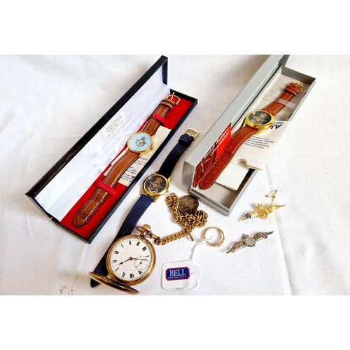 238 - Qty of RAF ephemera incl. three gents modern wrist watches, pocket watch with inscription and silver... 