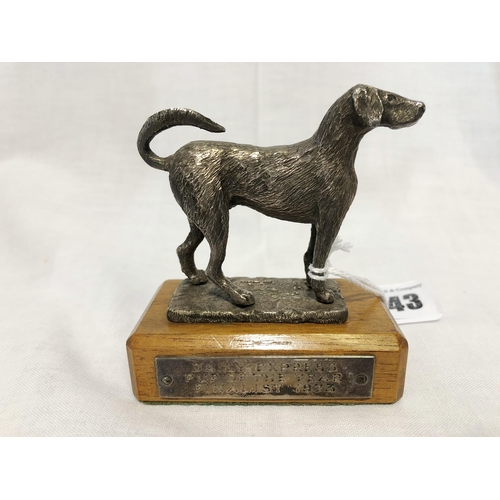 243 - London 1973 silver trophy in the form of a dog on rectangular oak plinth, with presentation plaque i... 