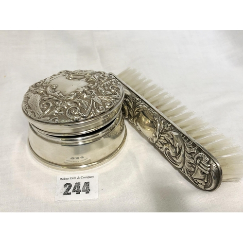 244 - Birmingham 1977 silver lidded trinket dish, with profuse embossed decoration and velvet lined interi... 