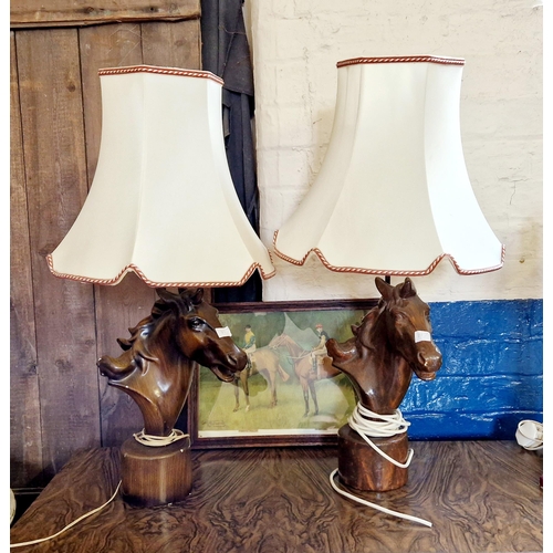 253 - Pair of pottery and plaster horse bust table lamps with a Lionel Edwards print