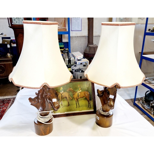 253 - Pair of pottery and plaster horse bust table lamps with a Lionel Edwards print